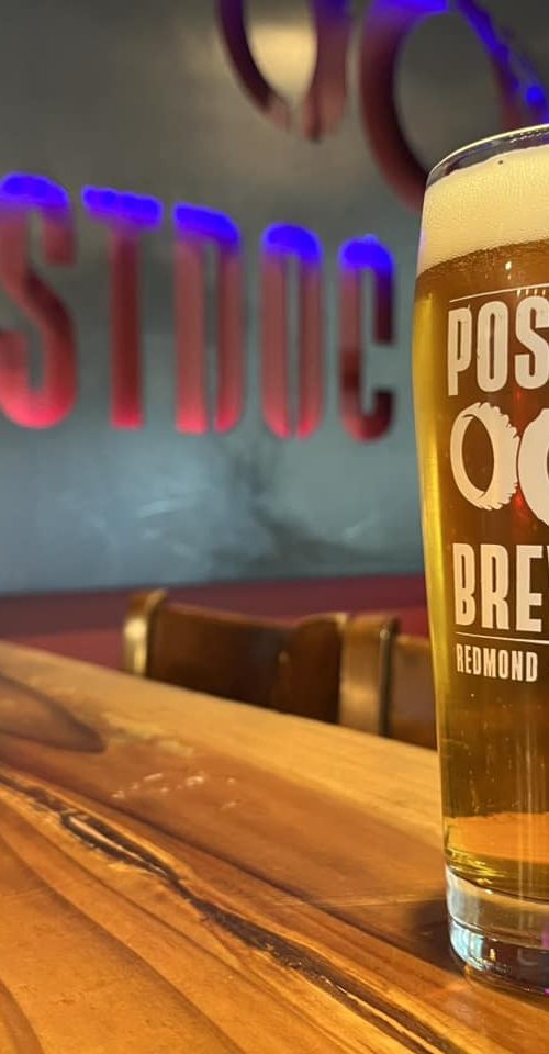 Beer pint filled with beer placed on a counter